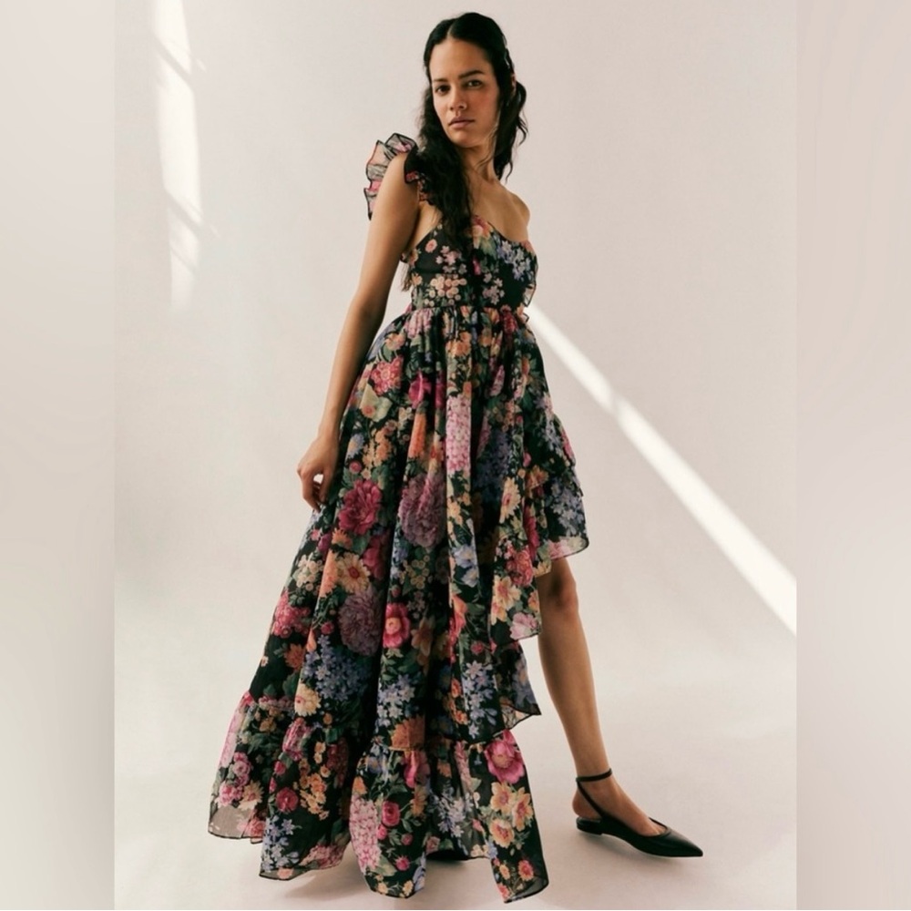 Selkie Asymmetrical Floral Dress - Black and Pink
